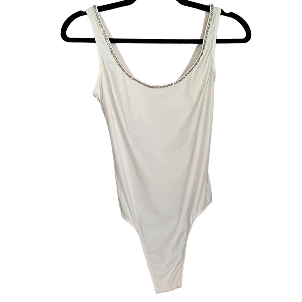 Victorica Secret | White Body Suit | Rhinestone Necklines | Size S